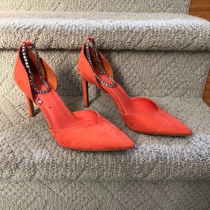 Open Edit Orange Suede Sandal, Jeweled Ankle Strap, Pointed Toe Heels (NEW)